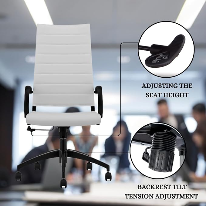 Ribbed High Back Conference Room Chairs - Lumbar Support, Modern Executive Home Office Chair - White Leather Seat & Black Aluminum Frame