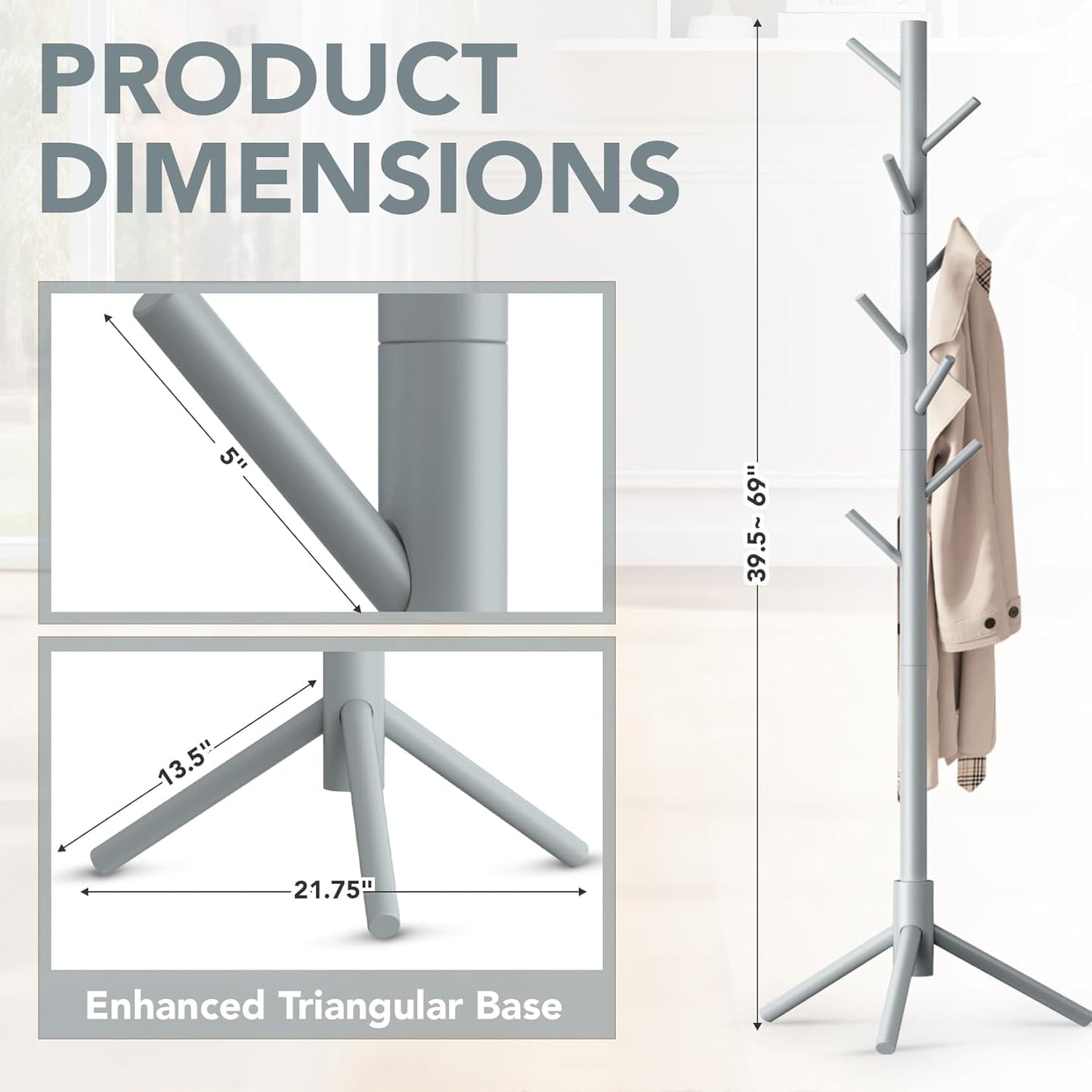 Wooden Tree Coat Rack Stand,Sturdy Freestanding Coat Rack with 8 Hooks,3 Adjustable Height for Child Adult,Wood Coat Stand Tree Fits Entryway Bedroom Office for Bags,Hats