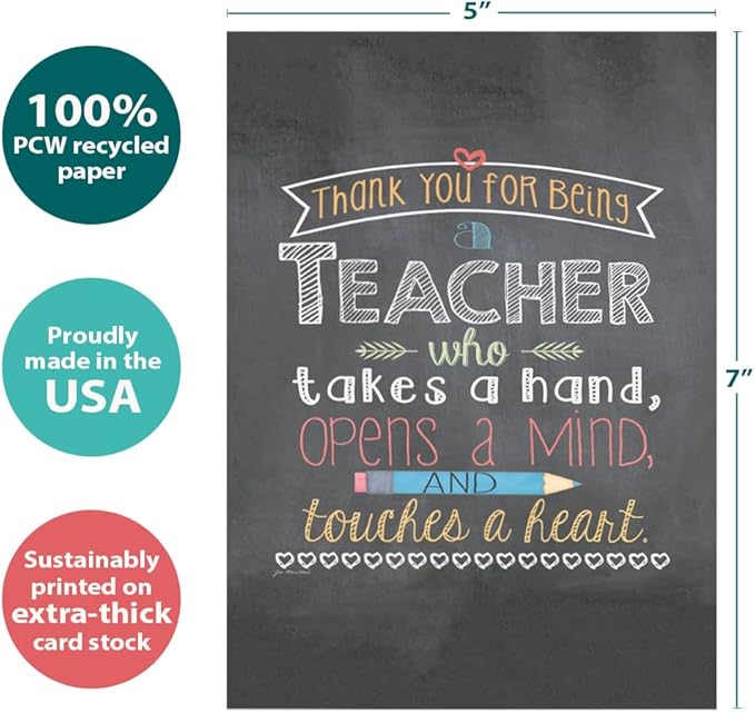 Tree-Free Greetings Teacher Appreciation Cards - Artful Designs - 1 Card + Matching Envelopes - Made in USA - 100% Recycled Paper - 5"x7" - Lighthearted, For Teacher, Teacher Mind and Heart (GO64451)