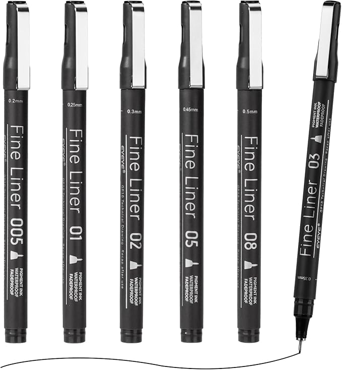 EYEYE Micro Pen Black Drawing Art Pens,0.2/0.25/0.3/0.35/0.45/0.5mm Archival Pens Waterproof Ink Set Artist Supplies Archival Inking Markers Sketch Outline Pen