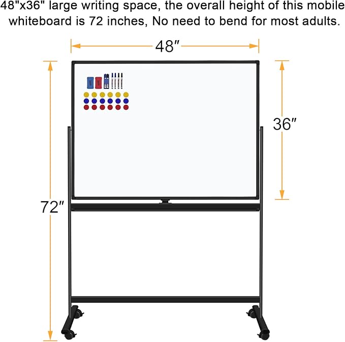 H-Qprobd 48"x36" Mobile Whiteboard Double-Sided Magnetic Dry Erase Board on Wheels - Comercial Rolling White Boards with Sturdy Stand for Home, Office & School