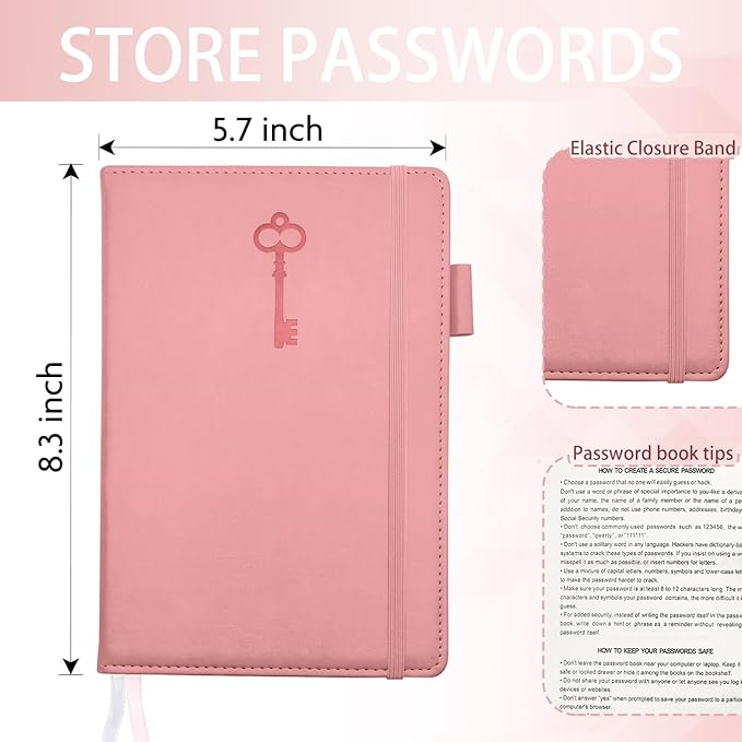 Password Keeper Book with Colorful Alphabetical Tabs, Hardcover Log Book for Internet Password and Website Address, Personal Organizer with Notes Section and Back Pocket and Two Bookmarks (Pink)
