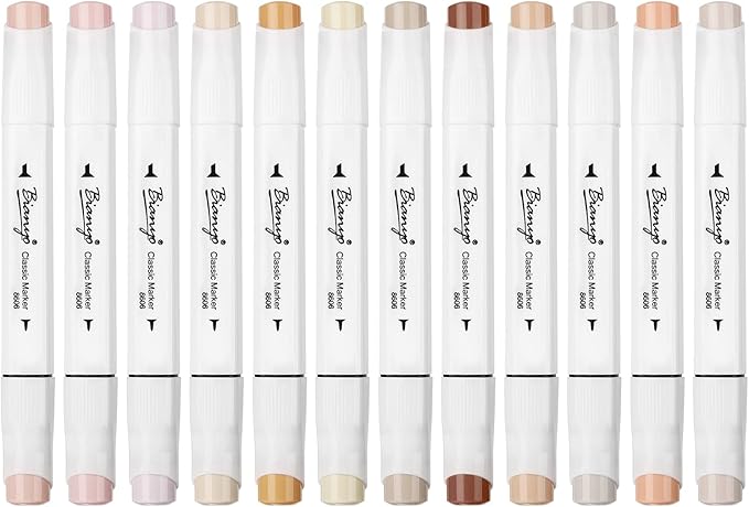 Bianyo Skin Tone Alcohol Markers, Set of 12, Dual Tip Bullet & Chisel Art Marker Set for Coloring, Drawing, Sketching, Outlining, Highlighting, Designing