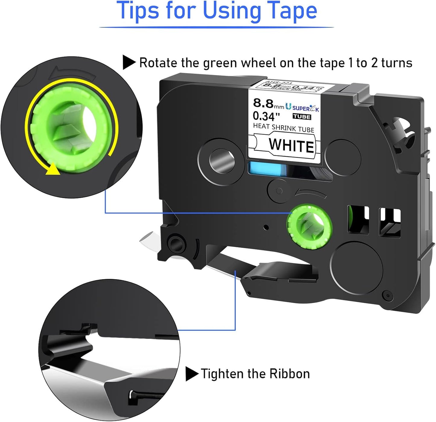 USUPERINK 5 PK Compatible for Brother Ptouch HSe-221 HSe221 HS-221 HS221 8.8mm Black on White Heat Shrink Tube Label Tape use in PT-D210 PT-D400 PT-E300 PT-E500 PT-P750WVP Label Maker (0.34''x 4.92ft)