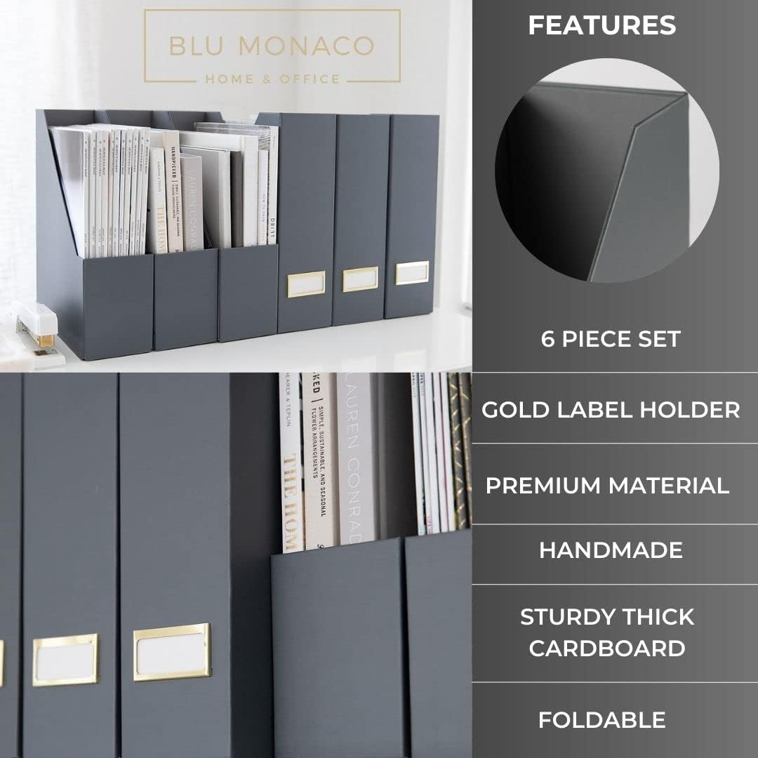 BLU MONACO Set of 6 Foldable Grey Magazine Holders with Gold Label Holders – Stylish File Boxes for Home Office Desktop, Bookshelf, or Classroom Organization