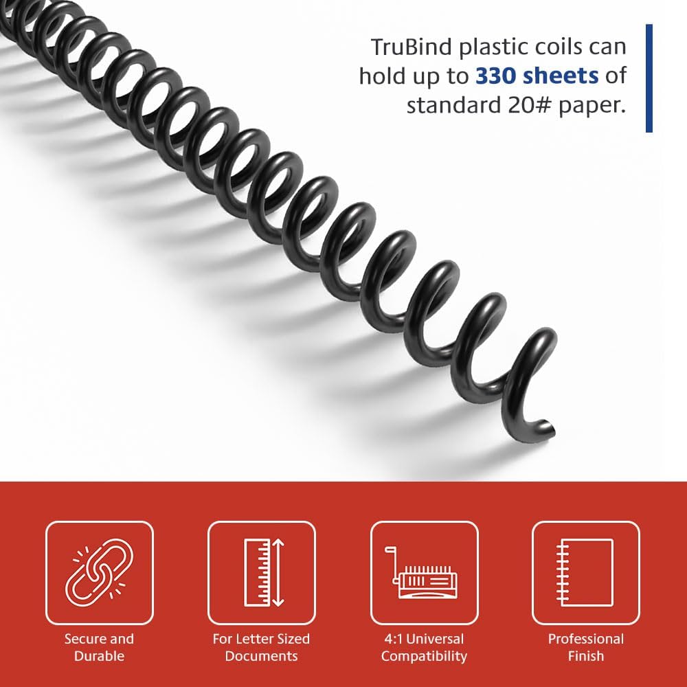 TruBind 38mm (1-1/2 in.) Spiral Binding Coils for Reports, Presentations and Proposals | 4:1 Pitch | 12 in. Length | Black | 330 Sheets Binding Capacity | 50 Pack
