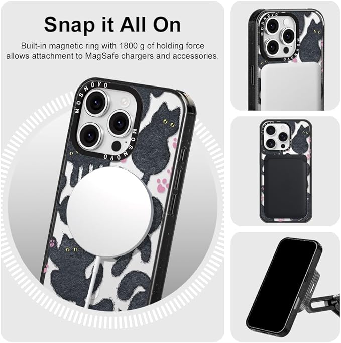 MOSNOVO Magnetic Case for iPhone 16 Pro, 10ft Military-Grade Protection, Compatible with Magsafe, Shockproof Phone Case for iPhone 16 Pro - Black Fluffy Cat - Clear Black