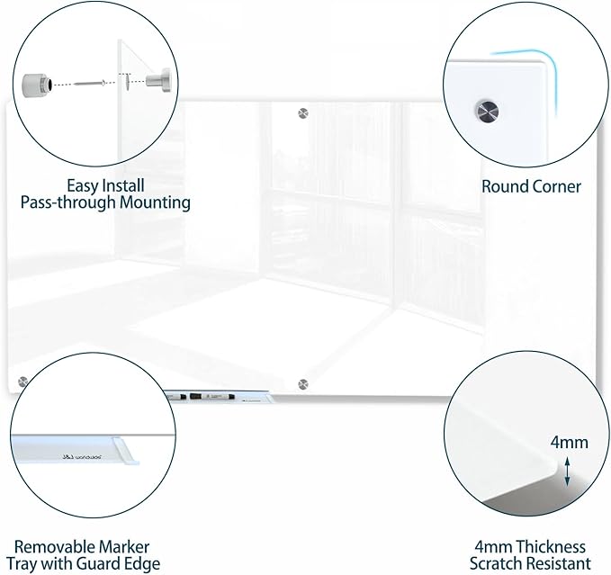 J&J worldwide Magnetic Glass Whiteboard Brilliance White Dry Erase Board 6' x 3', Large Frameless Glass White Boards for Walls, Includes Magnets, Marker Tray, Eraser for Office, Home, School