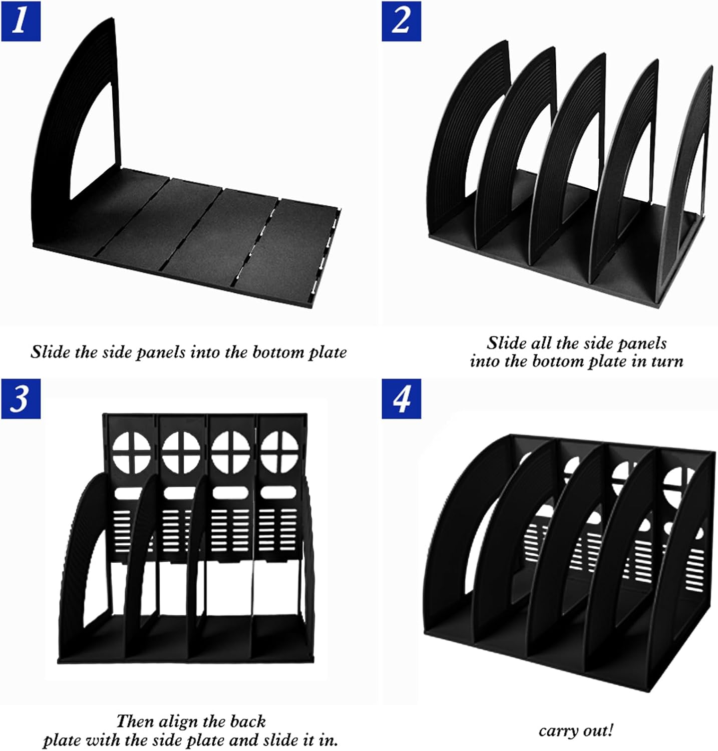 SAYEEC File Holder Storage Folder 4 Compartment Standing Desktop Hollow Organizer Black Files Shelf Frame Thicken Plastic Paper Notebook Magazine Bookstore for Office School Supplier Students