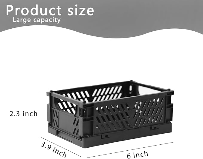 Tixill 2-Pack Mini Foldable Plastic Storage Box Mini Plastic Baskets for Organizing and Storage for Home Kitchen Bedroom Bathroom Office. (Black, 5.9x3.8x2.2)