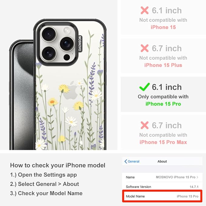 MOSNOVO Case for iPhone 15 Pro, [10ft 4X Military-Grade Drop Protection] Durable & Shockproof Phone Case Cover Design for iPhone 15 Pro - Wild Meadow - Clear Black