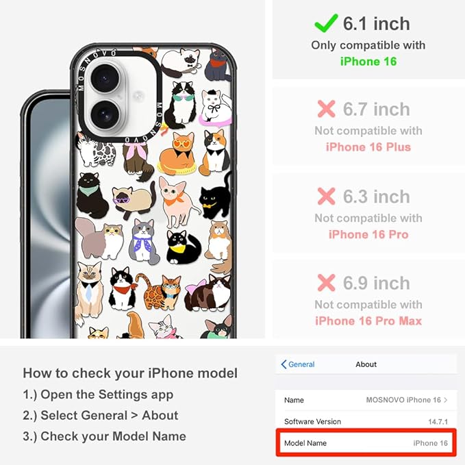 MOSNOVO Case for iPhone 16, [10ft 4X Military-Grade Drop Protection] Durable & Shockproof Phone Case Cover Design for iPhone 16 - Cute Cats - Clear Black