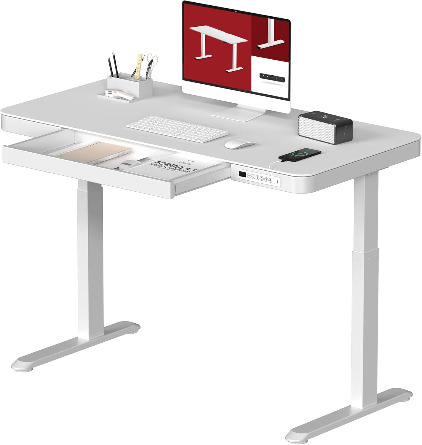 Standing Desk with Drawer, Electric Height Adjustable Home Office Desk with Storage & USB Ports, 48 inch White Wood Tabletop/White Frame