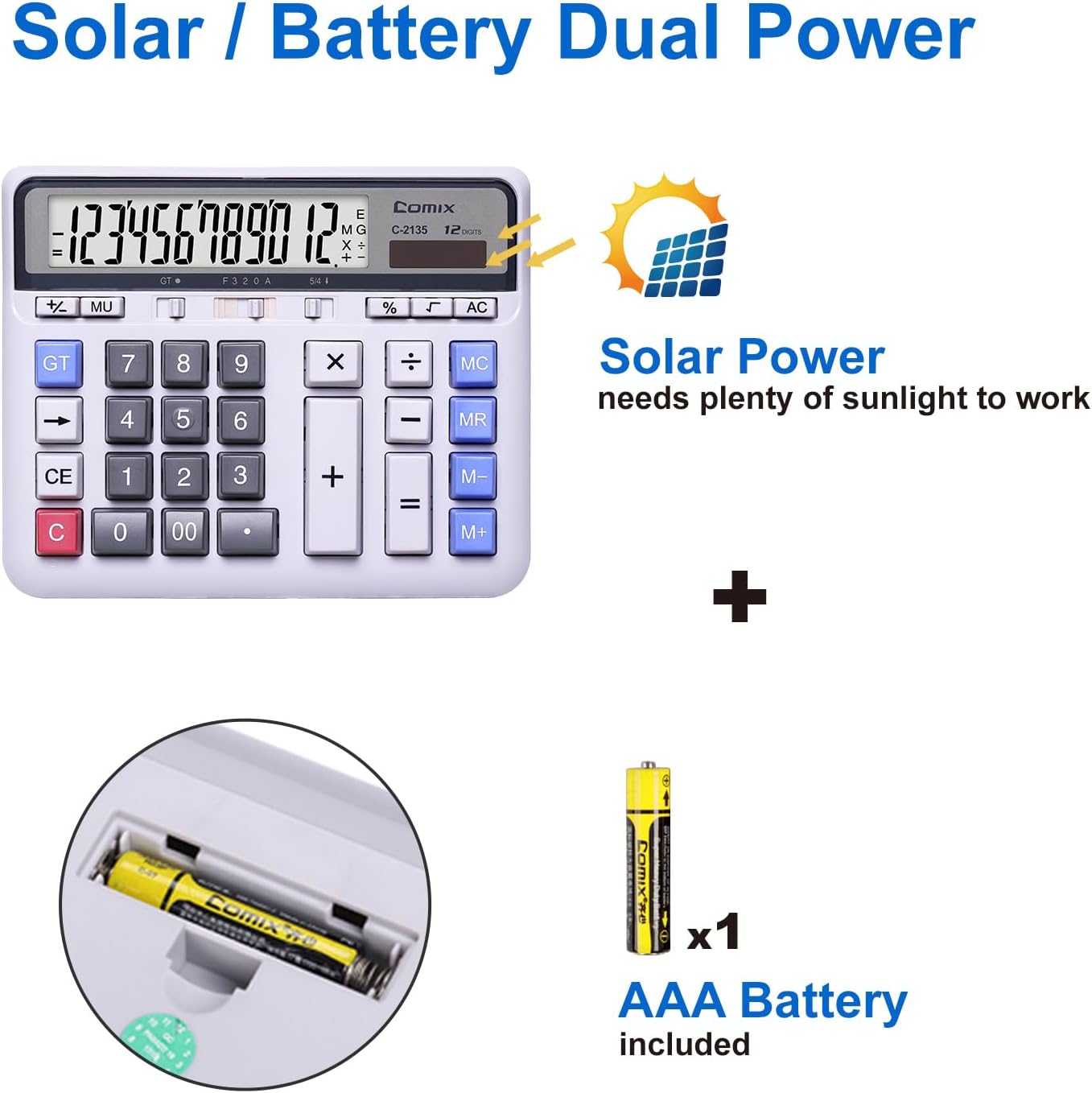 Comix Desktop Calculator Solar Battery Dual Power with 12-Digit Large LCD Display and Large Computer Keys Standard Function Calculator for Home Office School, White(2 Pack)