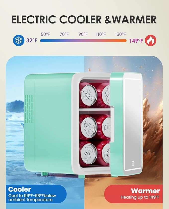 Skincare Fridge With Dimmable LED Light Mirror, 4L Mini Fridge For Desktop, Travel or Cool & Heat, Makeup Fridge for Cosmetics, Skin Care and Food, Green