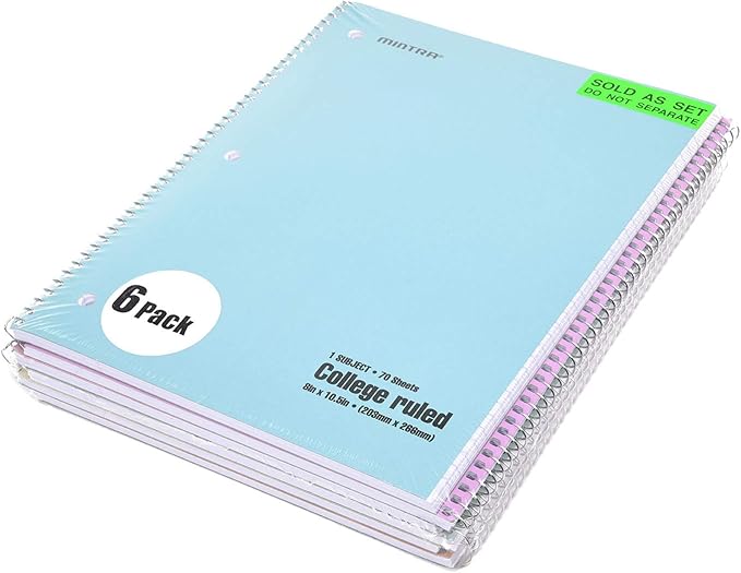 Mintra Office Spiral Notebooks - 1 Subject, 70 Sheets, College Ruled, 8in x 10in, Bulk Pack, Pastel Covers, Set of 6 - for School, Office, Business, Professional (04693)