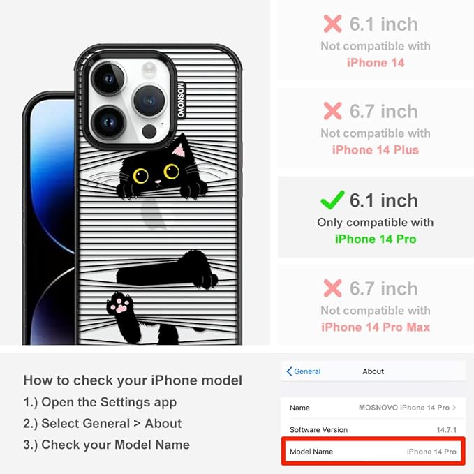 MOSNOVO Case for iPhone 14 Pro, [10ft 4X Military-Grade Drop Protection] Durable & Shockproof Phone Case Cover Design for iPhone 14 Pro - Hidden Black Cat - Clear Black