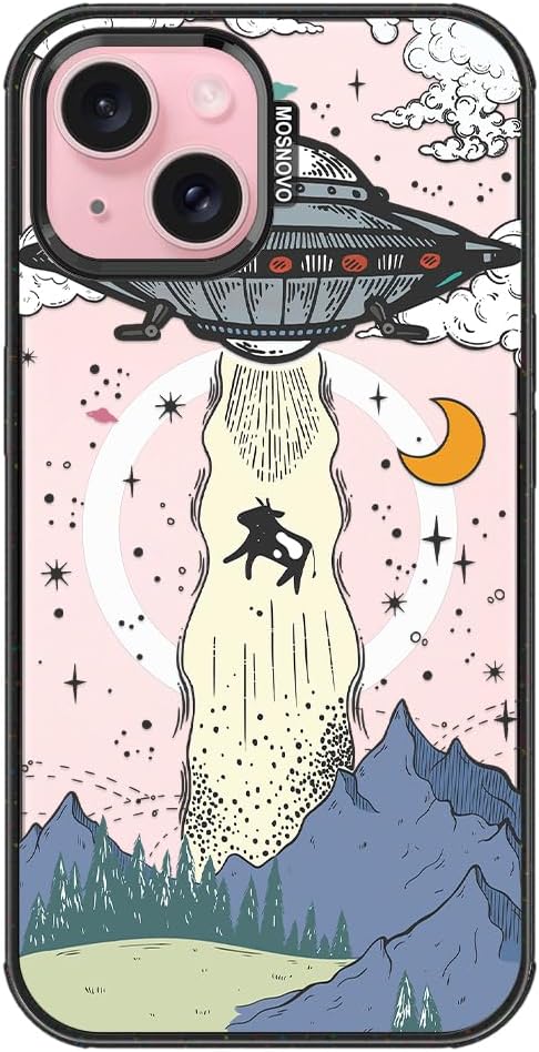 MOSNOVO Magnetic Case for iPhone 15 Plus, 10ft Military-Grade Protection, Compatible with Magsafe, Shockproof Phone Case for iPhone 15 Plus / 14 Plus - UFO - Clear Black