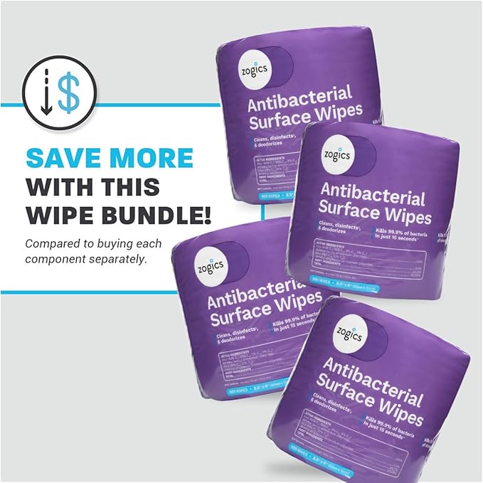 Zogics Antibacterial Wipes – Disinfecting Wipes for Sanitizing and Cleaning Surfaces and Equipment, EPA Registered Antibacterial Cleaning Wipes (3,200 Count – 4 Rolls of 800 Wipes)