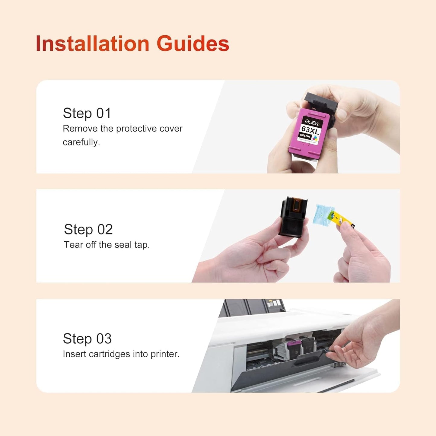 63XL Ink Cartridges Black and Color Replacement for HP 63XL Ink Cartridge Combo Pack Work with OfficeJet 3830 4650 5255 Envy 4520 4512 Deskjet 1112 3630 3634 3639 Printer (2 Black, 1 Tri-Color)