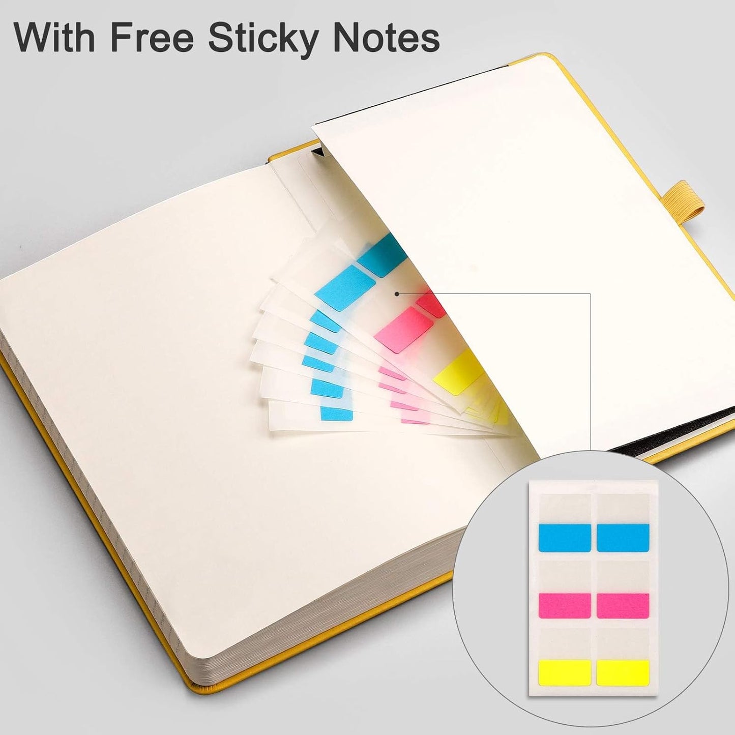 EMSHOI College Ruled Notebook 120gsm Thick Lined Journal - 256 Numbered Pages, A5 Hardcover Leather Writing Notebook for Work, School, Travel - with Sticky Notes, 5.75"x8.38", Yellow