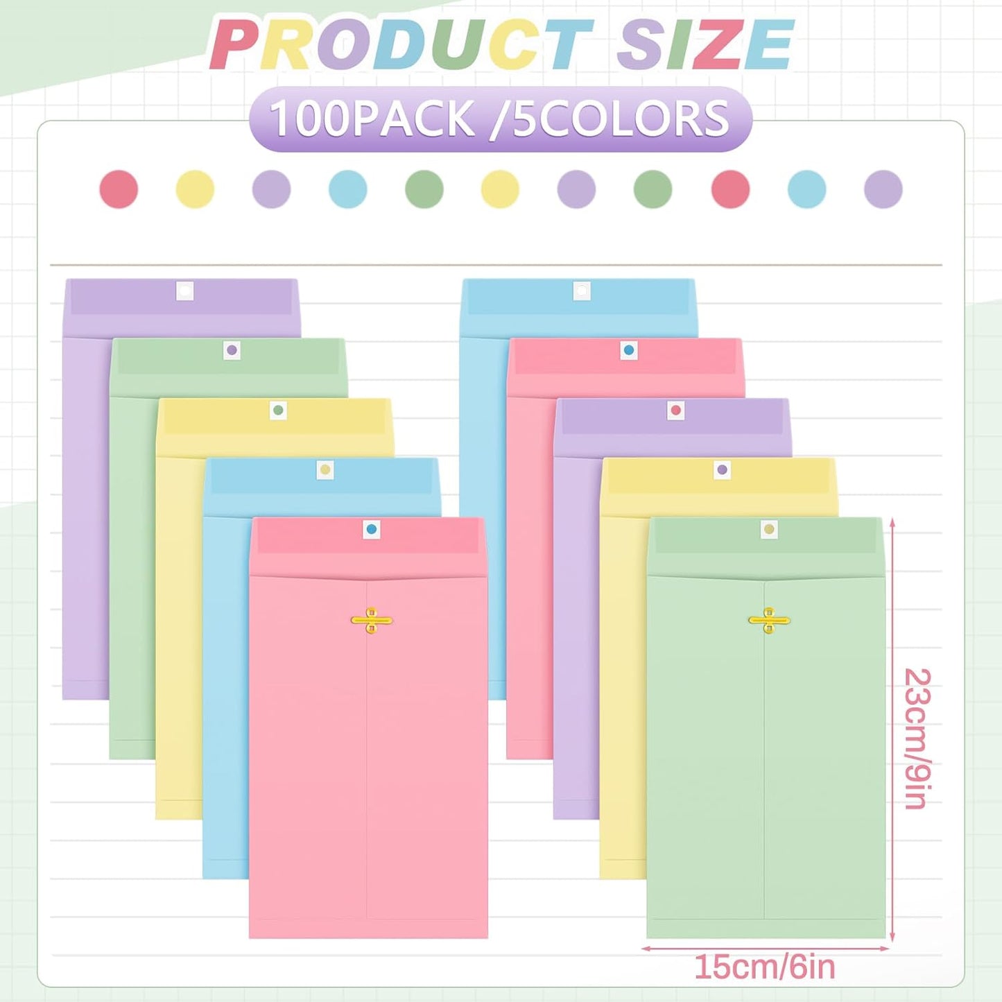 Geyee 100 Pcs Clasp Manilla Envelopes 6 x 9 Inch Gummed Colored Envelopes for Storing or Mailing for Home Office Business Supplies(Colorful)