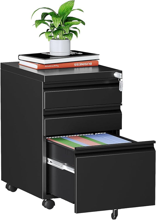 MIIIKO 3 Drawer File Cabinet on Wheels, Home Office Mobile File Cabinet Under Desk, Full Assembled Metal Filing Cabinets with Lock for Legal/Letter/A4 File Folders