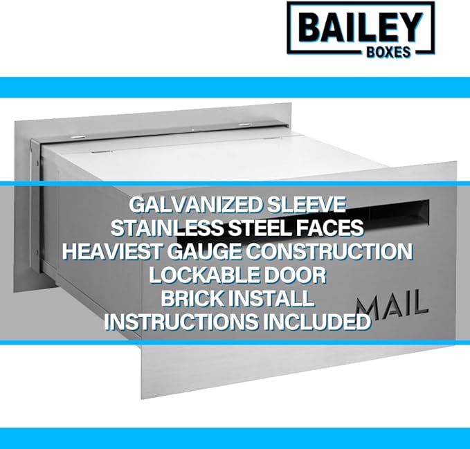 Brick-in Chute Through The Wall Stainless Steel Mailbox - Modern Architectural Locking Design - 8.75" H x 15.75" W - Enhance Your Home with The Melton from Bailey Boxes