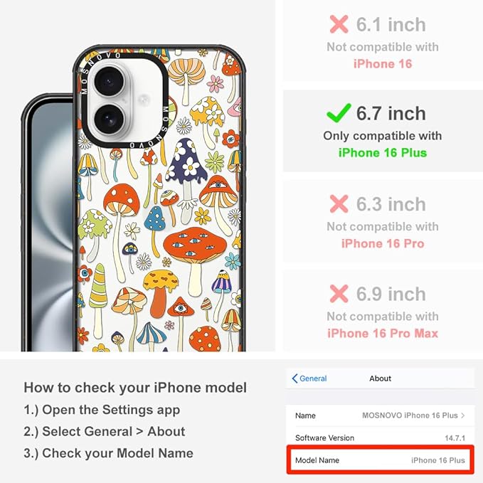 MOSNOVO Case for iPhone 16 Plus, [10ft 4X Military-Grade Drop Protection] Durable & Shockproof Phone Case Cover Design for iPhone 16 Plus - Mushroom Art - Clear Black