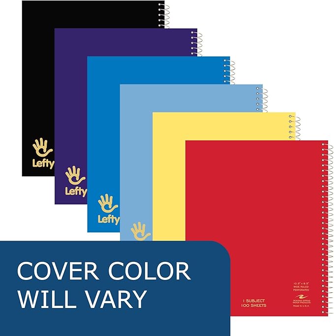 Roaring Spring Lefty Spiral Notebook, Wide Ruled One Subject Left Handed Notebook, 10.5" x 8.5", 100 Sheets, Assorted Color Covers