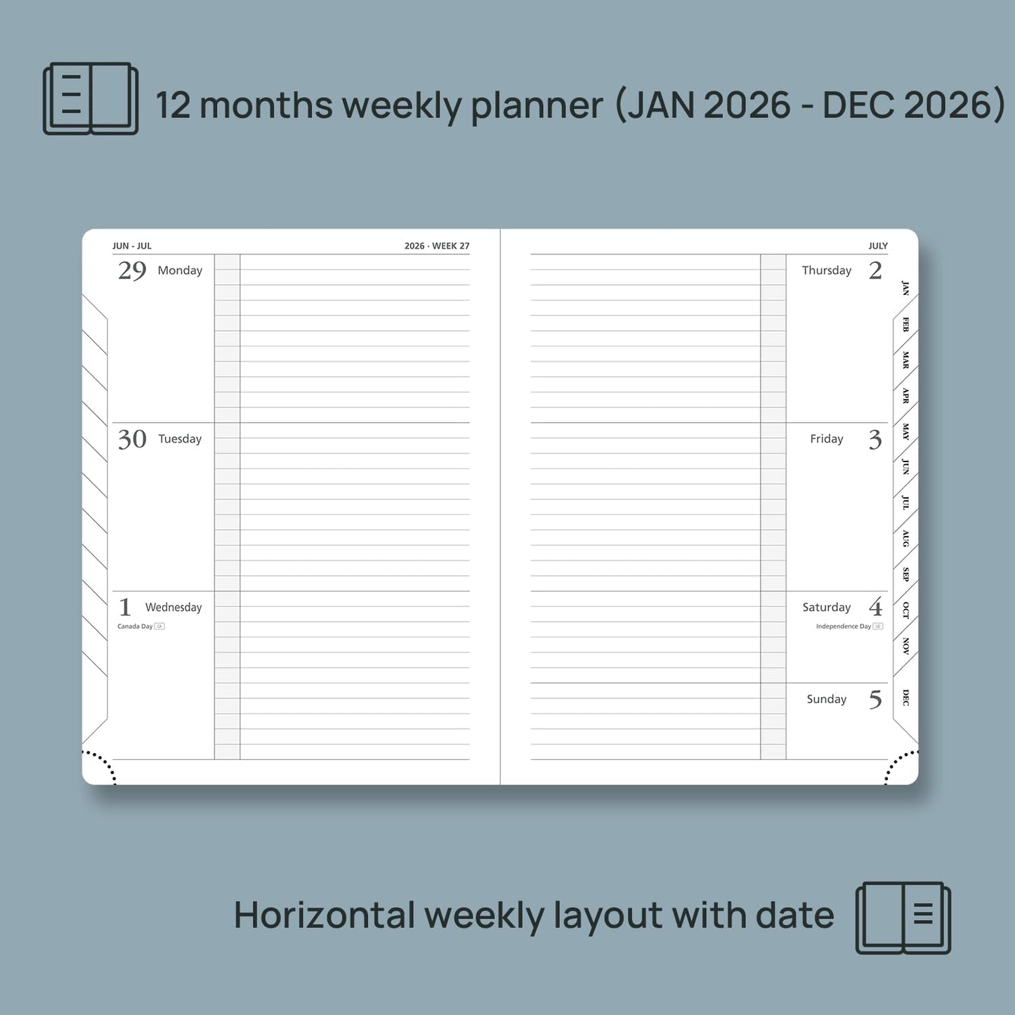 POPRUN Weekly Planner 2026 Calendar (Medium 6.75" x 8.75") 12 Months Notebook with Horizontal Layout, Leather Hardcover, Inner Pocket, 100GSM Thick Paper, Pen Holder - Lavender