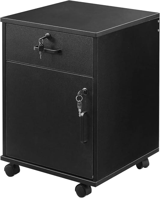 CLIPOP Rolling Storage Cabinet with Drawer, Home Office Cabinet with Lock, Under Desk Storage Cabinet for Home Office, Black