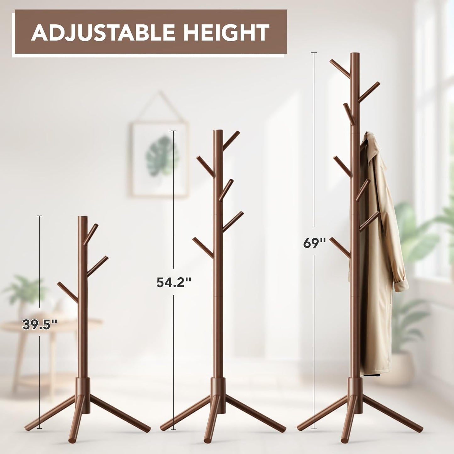 Wooden Tree Coat Rack Stand,Sturdy Freestanding Coat Rack with 8 Hooks,3 Adjustable Height for Child Adult,Wood Coat Stand Tree Fits Entryway Bedroom Office for Bags,Hats, 2 Pack