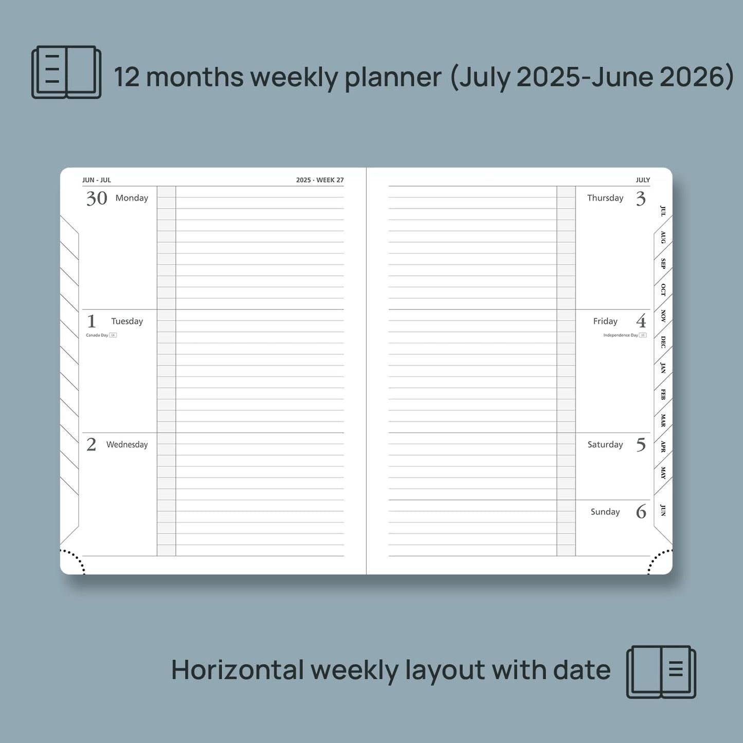 POPRUN Planner 2025-2026 (Medium 6.75''x 8.75''), Horizontal Weekly Notebook Jul.2025 - Jun.2026, Academic Appointment Book with Monthly Tabs, Leather Hardcover, Inner Pocket, 100 GSM - Pacific Green