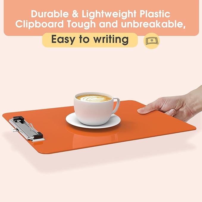 Plastic Clipboards 2 Pack, A4 Orange Clip Board 8.5x11 for Classroom, Students, Kid, Woman, Size 9" x 12.5" with Low Profile Clip, Office & School Supply