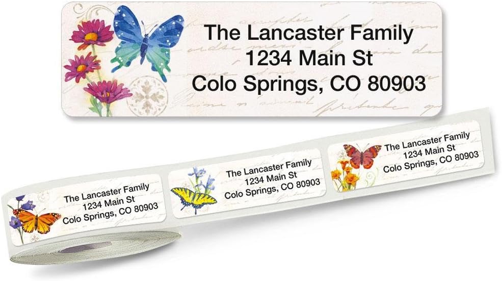 Butterflies & Flowers Rolled Personalized Return Address Mailing Labels with Dispenser, Set of 250, 5 Designs, Small ¾ x 2½ Inch Size, Custom Self-Adhesive Sticker Roll, by Colorful Images