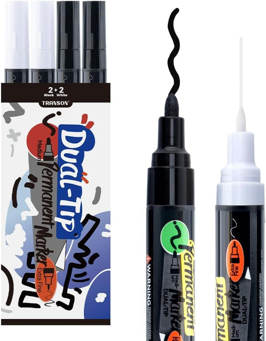 TRANSON 2 Black and 2 White Dual-tip Permanent Paint Markers Oil Based Waterproof
