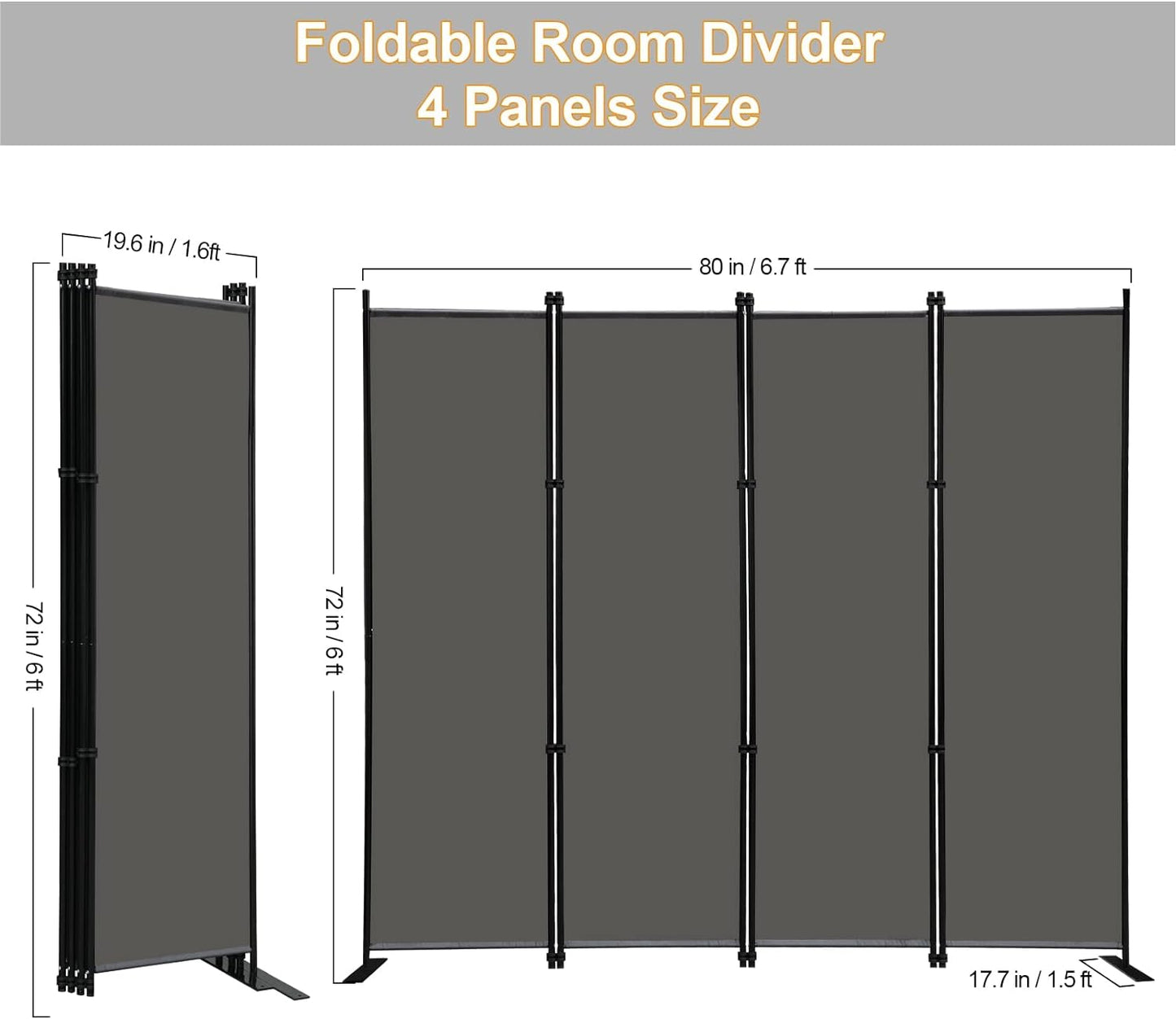 MAYOLIAH 4 Panel Room Divider Screen 6Ft Tall Foldable Privacy Dividers Indoor Wall Partition Room Separator Grey