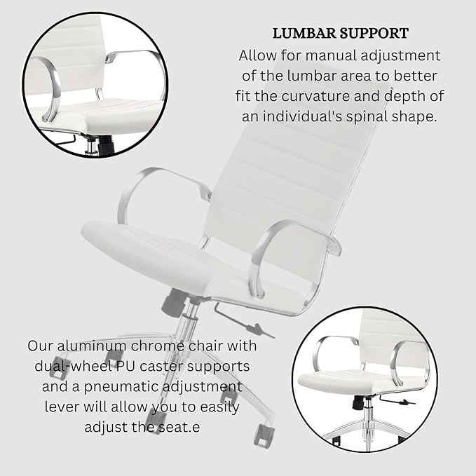 Ribbed High Back Conference Room Chairs - Lumbar Support, Modern Style Executive Home Office Chair - 360 Swivel Rolling Wheels - Aluminum Chrome Frame & Base- White Office Chair (Pack of 1)