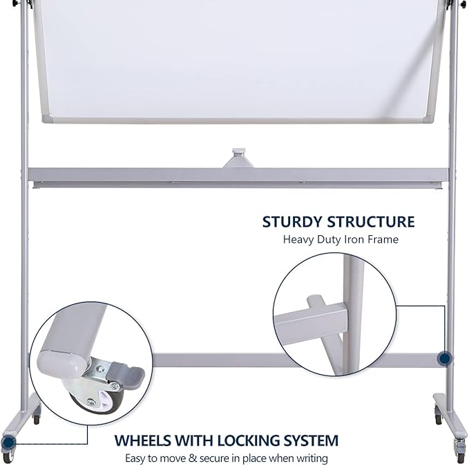 72" x 40" Height-Adjustable Mobile Whiteboard | Double-Sided Magnetic Dry Erase Board on 360° Rolling Stand | Large Reversible Whiteboard for Office, Classroom & Home, Silver
