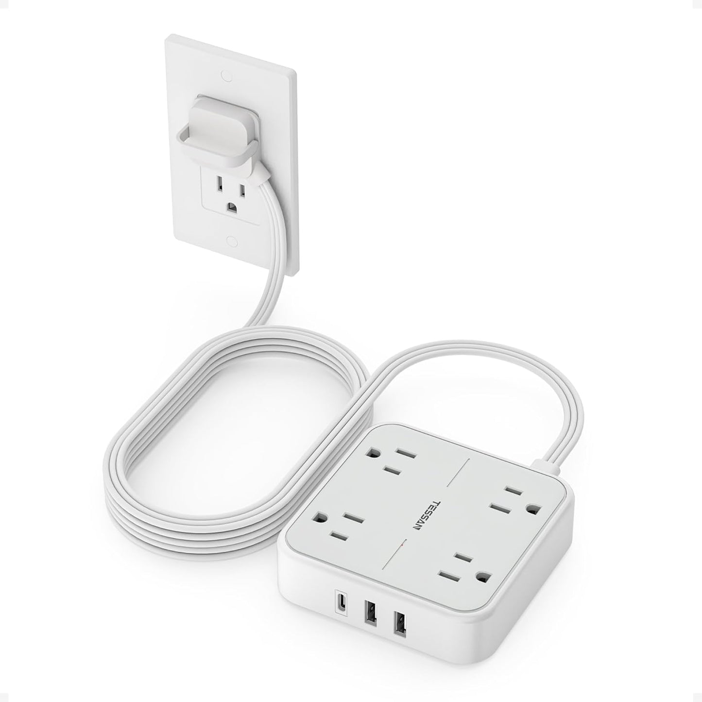Surge Protector Power Strip, TESSAN Ring Pull Flat Plug Extension Cord 10 Ft with 3 USB (1 USB C) 4 Outlets, 900 Joules Protection, Desktop Charging Station for Home, Office, College, Dorm Room, Gray