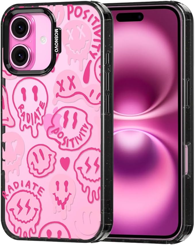 MOSNOVO Case for iPhone 16 Plus, [10ft 4X Military-Grade Drop Protection] Durable & Shockproof Phone Case Cover Design for iPhone 16 Plus - Pink Dripping Smiles - Clear Black