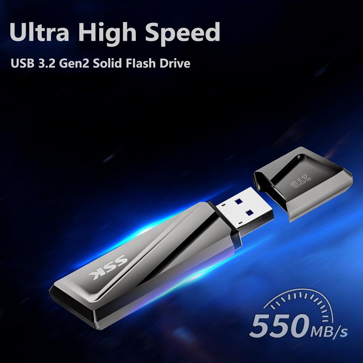 SSK 2TB USB SSD Drive 550MB/s Solid State Flash Drive Fast Transfer Speed USB 3.2 Gen2 USB C Thumb Drive Memory Stick with USB C Adapter for Type-c Smartphone, Laptop, MacBook/Pro/Air and More