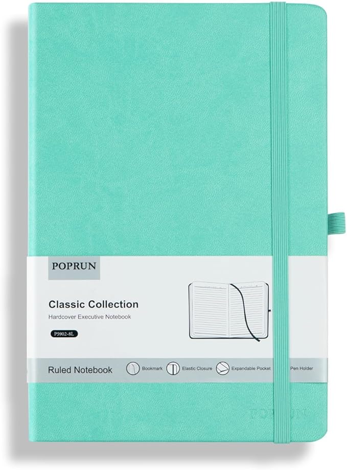 POPRUN A5 Lined Journal Notebooks, Leather Hardcover Thick Notebook for Writing, Business Work, Travel, School, College, Christmas, 5.5 x 8.3 inch, 240 Pages Classic Ruled Journals Notepad, Green