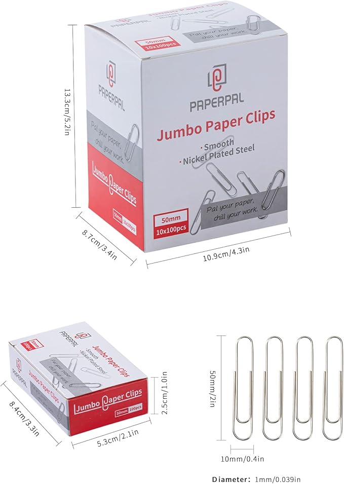 PAPERPAL Jumbo Paper Clips Smooth, 1000 Large Paperclips (10 Boxes of 100 Each), Bulk Paperclips for Office School & Personal Use, Daily DIY, 2" Silver Paper Clips Jumbo Size