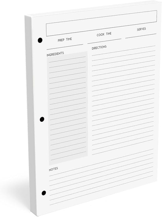 Recipe Card Set, 3-Hole Punched (Set of 30), 8.5 x 11 inch, 200 GSM Insert Card, Letter Size for Saving Recipes