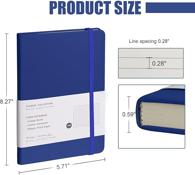 Lined Journal Notebook, 10Pack(Blue), 160 Pages, Medium 5.7 inches x 8 inches - 100 gsm Thick Paper, Hardcover