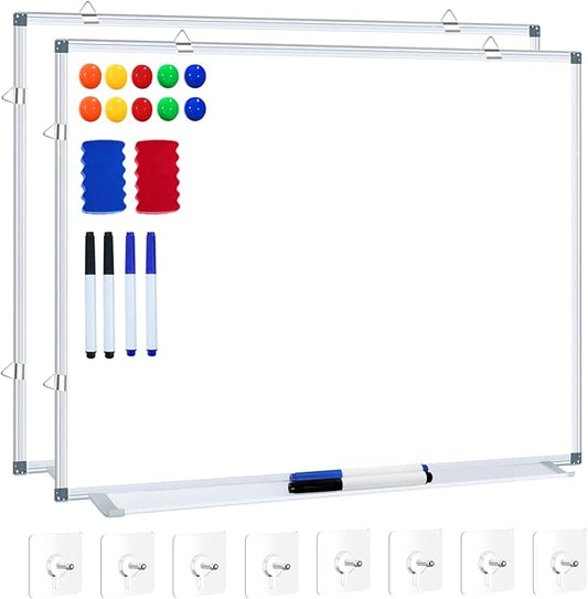 H-Qprobd White Board Dry Erase Whiteboard for Wall 24x18 (2pcs) Magnetic Boards for Office Classroom & Home, Small Wall Whiteboard Including 6 Markers, 10 Magnets, 2 Erasers & 10 Adhesive Hooks