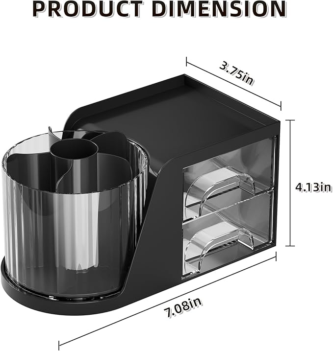 Marbrasse Desk Organizer with 2 Drawer, 360 Rotating Pen Holder, 6 Slots Pencil Organizer + 2 Drawer, Art Supply Storage Box Caddy for Office (Black)