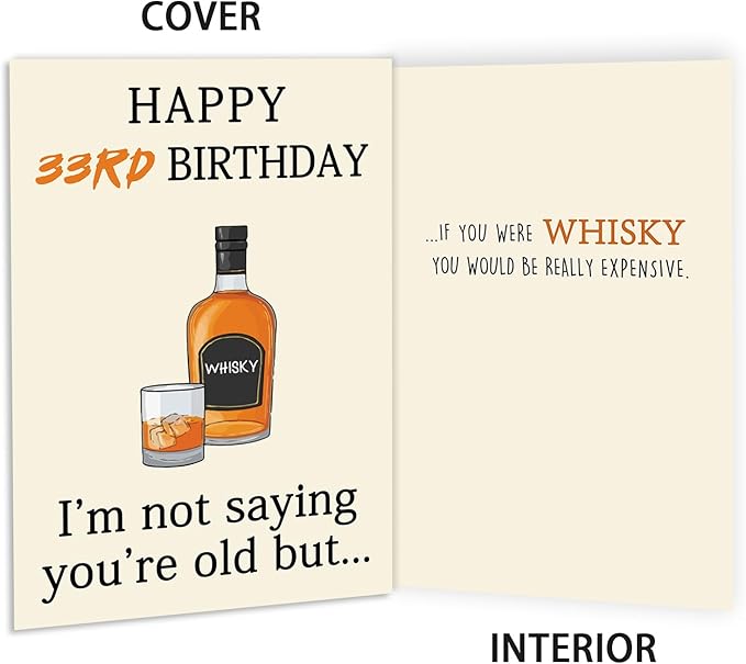 33rd Birthday Greeting Card, Funny Whiskey Themed, Double-Sided, Modern Style, 8x5.3 inches
